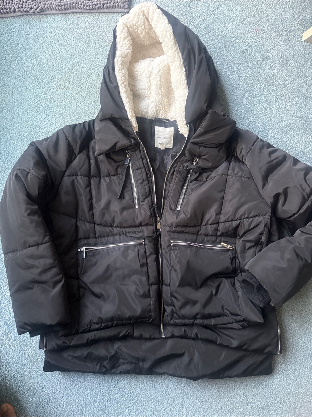 Avec Les Filles Black Bomber Jacket with Cream Sherpa Hood